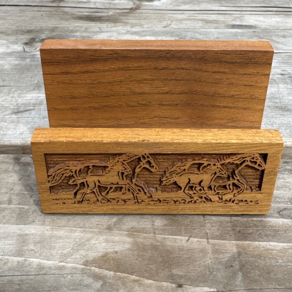 Vtg Lasercraft Engraved Solid Walnut Wood Business Card Holder Desk Accessory